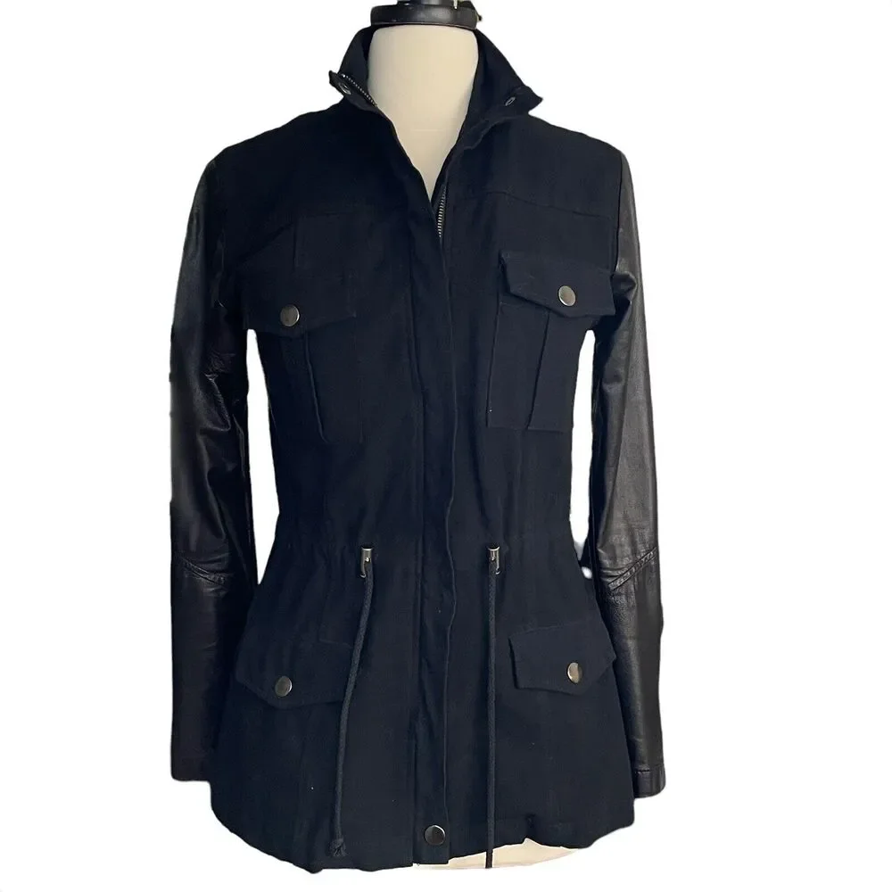 Rails Sz S Black Cargo Dark Academia Utility Jacket Lamb Leather Sleeves $348 - Picture 1 of 9